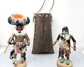 "Black Ogre" Kachina Dancer by K. Largo, Plus Long Hair Hopi Kachina and A Wood Bark Berry Basket - Native American