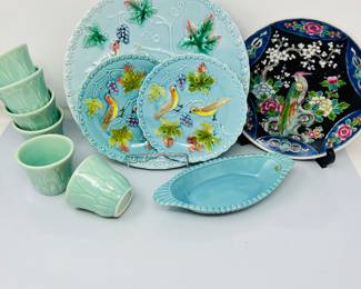 Vintage Blue German Majolica Platter w/ Two Matching 6” Plates - Plus Meiji Birds of paradise charger…and more