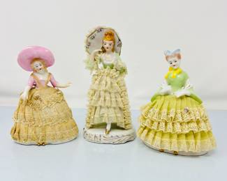 Set of 3 Vintage Dresden Style Porcelain Lady Figurines w/ Fabric Lace Dresses