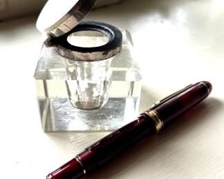 One of many fine writing pens, crystal ink well