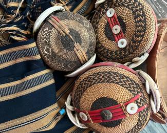 Vintage Bonytoc Suidang Ifugao Phillippine baskets  for men's hat with wild boar teeth...rare.           . loincloth used by men celebrating being single....
