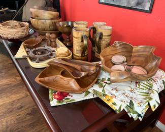 Collection of wooden bowls, Hawaiian mugs....
