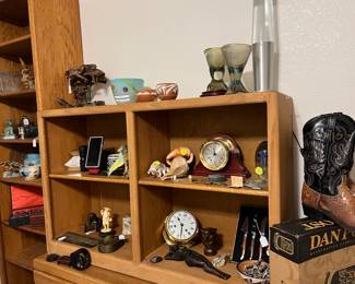 Miscellaneous artifacts...clocks...signed glass...boots...