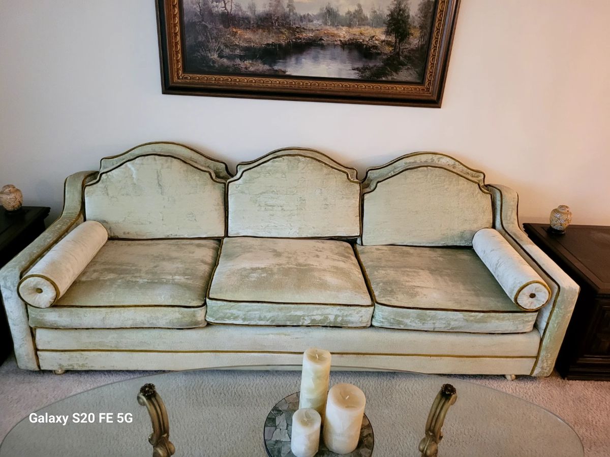 Vintage French Provincial Style Sofa (white crushed velvet with gold braid trim)