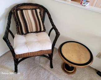 Vintage Dark Wood Barley Twist Rattan Armchair / Vintage Glam Stye Round Accent Table with black and gold finish