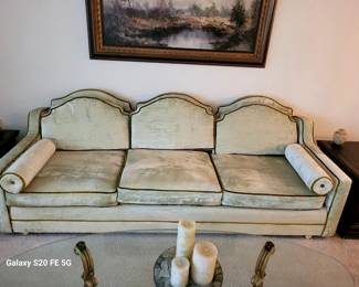 Vintage French Provincial Style Sofa (white crushed velvet with gold braid trim)