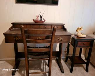Vintage Wood Secretary's Trestle Desk with matching wooden chair