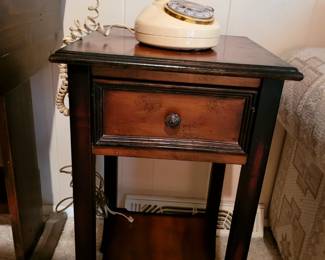 Vintage Dark Wood Victorian Style Nightstand with single drawer / Vintage 1970's French Rotary Phone
