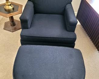 Black Accent Chair with Ottoman / Vintage Mersman Pillar Style Side End Table with Inlay Top / Vintage Brass Table Lamp