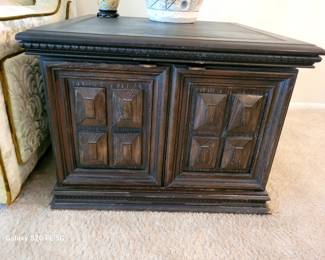 2 Vintage dark wood square end tables with built-in storage and carved paneling