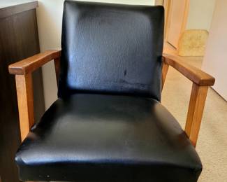 Vintage Office Chair with wood frame and black leather upholstery