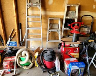 3- Step Ladders / 2 Extension Ladders / 2 Shop Vacs / Toro Electric Leaf Blower / Electric Hedge Trimmer / 6 amp Battery Charger / Propane Torch Kit /