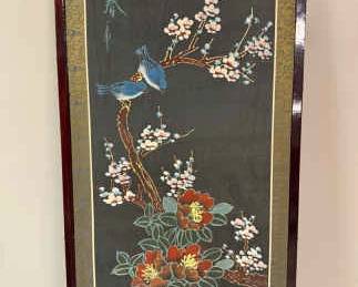Asian Chinoiserie Floral Bird Painting on Panel