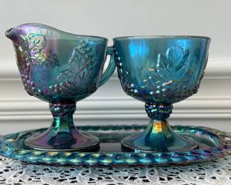 Vintage Carnival Glass Sugar & Cream with Tray