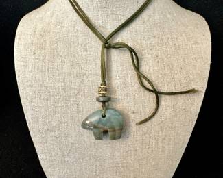 Stone Bear & Leather Necklace