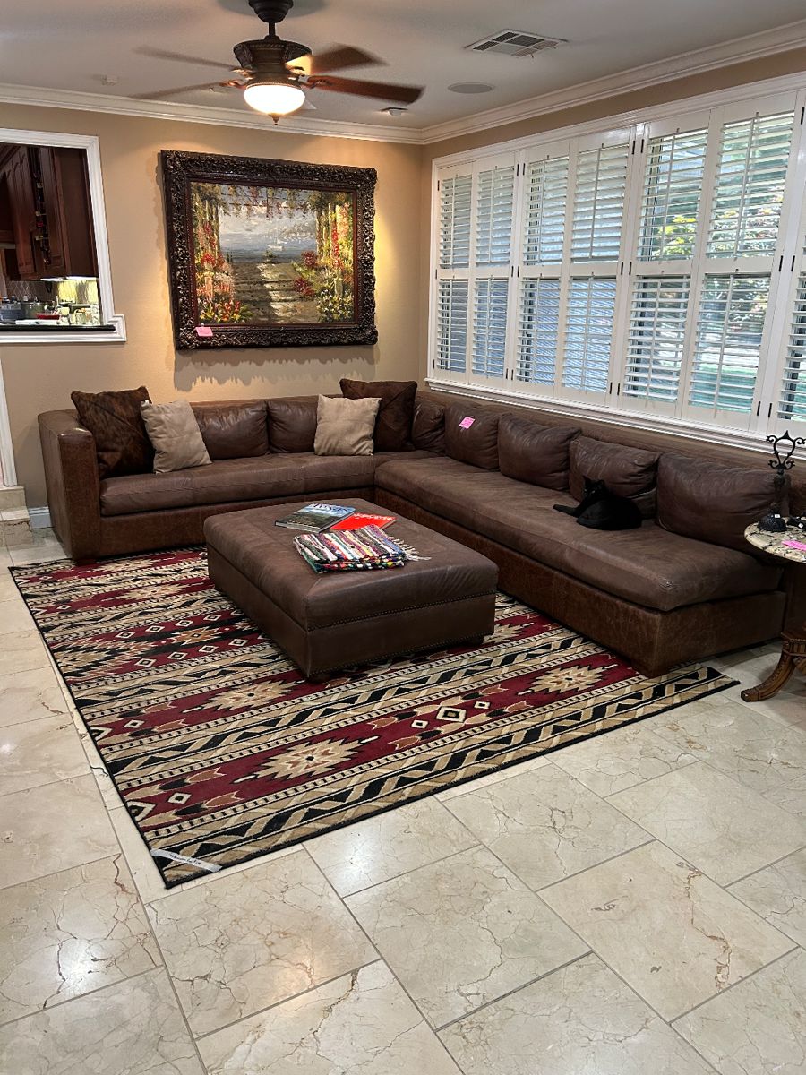 Large original framed oil painting, Lovely custom leather and ostrich sectional with ottoman, Southwestern Style Rug