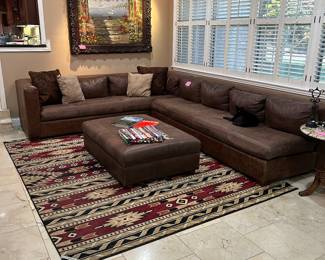 Large original framed oil painting, Lovely custom leather and ostrich sectional with ottoman, Southwestern Style Rug