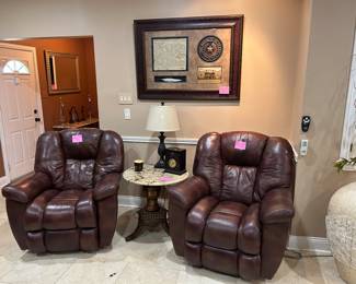 Pair of big man recliners, Round Granite end table, lamp, framed reproduction letter of William Travis at the Alamo