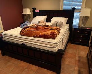 King Size bedroom suite including bed, mattress set, 2 night stands, dresser with mirror, pillows, sheets, blankets