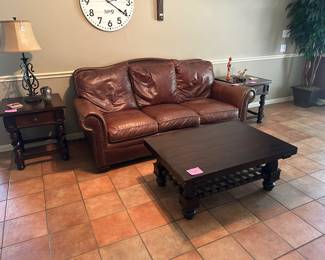 Leather 3 cushion sofa, 2 end tables and matching coffee table and sofa table