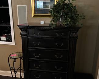 King size bedroom suite including 4 poster bed, chest and 2 night stands with mattress set, framed art, Big Mans recliner, Harrahs Casino slot machine