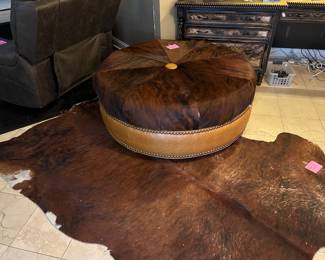 Real Cowhide rug and upholstered Cow hide ottoman (2)