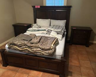 Queen size bedroom suite including Bed, mattress set, 2 night stands, dresser with mirror, bed linens and blankets, pillows