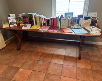 Wood Harvest table, books