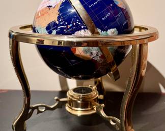 Semi Precious Stone Inlay Globe on Brass Stand