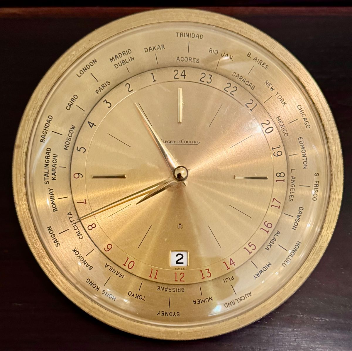 Jaeger LeCoultre Midcentury World Time 8 Day Bronze Desk Clock