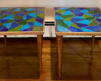 (2) MCM Jon Matin Stained Glass Teak Mosaic Side Tables