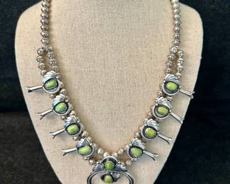 Sterling Silver & Green Turquoise Squash Blossom Necklace