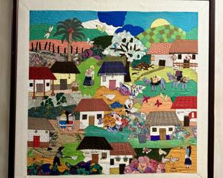 Vintage South American Folk Art depicting scenes of daily life. Made from scraps of cloth.