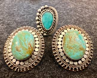 Sterling Silver & Turquoise Earrings & Pin
