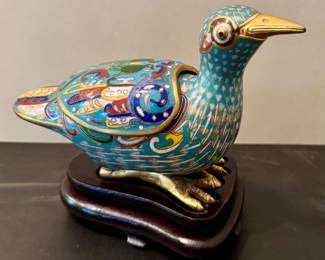 Cloisonne Bird on Rosewood Stand