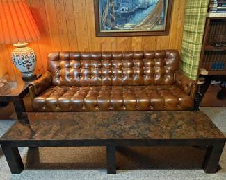 1970's Naugahyde Sofa and Cool 1970s marbleized coffee table/bench (cushion shown to the right of table)