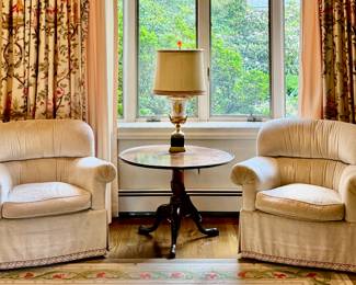 (2) Velvet Armchairs & Mahogany Tilt Top Table