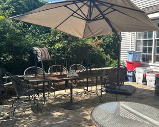 Outdoor table and chairs, umbrella