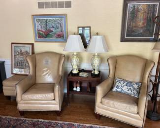 Pair Henredon leather wingback chairs