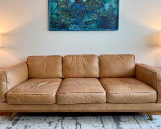 West Elm Top-Grain Leather Sofa (Camel) - 3-seat modern silhouette with wood base