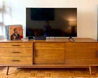 West Elm Mid-Century Media Console - Acorn finish, 3-drawer with cabinet doors and tapered legs