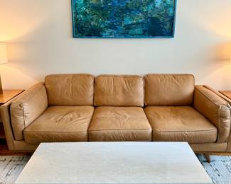 West Elm Mid-Century Marble Coffee Table
White marble top, walnut base, with open lower shelf.