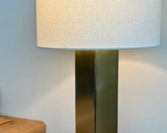 (2) West Elm Brass Column Table Lamps -
Sleek brushed brass bases with white linen shades.