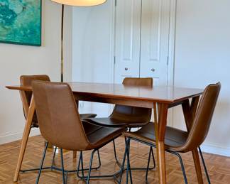 West Elm - Walnut Finish Expandable Dining Table with Center Insert + 4 West Elm "Slope" Molded Leather Saddle Dining Chairs
