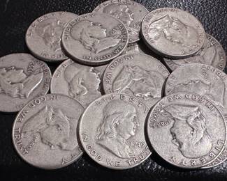 Franklin Half Dollars at 90% SILVER & 10% Copper
Each coin is .36169 of Troy Ounce of Silver