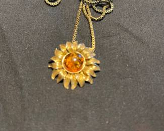 Amber pendant signed PL AR on gold filled chain