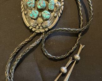Heavy silver , 90 grams Kingman nugget turquoise bolo signed MC.