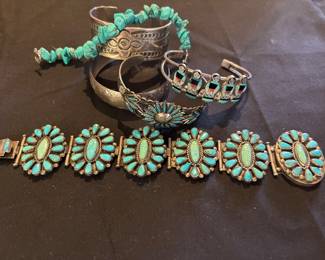 Link front bracelet is by Victor Moses Begay. Heavy 53.5 grams sterling stamped cuff. Bell trading post sterling petit point . Kachina bracelet by Theresa Waseta. Nugget bracelet . Engraved sterling bracelet .