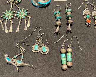 Petit point earrings signed VB. Turquoise hoop earrings. Coral dot and turquoise dot earrings. Squash blossom earrings. Kachina earrings. Heishi turquoise earrings. Shadow box earrings cast fetish bird earrings