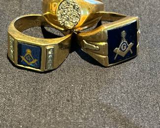 Top ring 10K 5.5 gm Drusy quartz. Left is blue Masonic diamond accent ring.14K 9.6 gm. Right black Masonic ring 10K 9.7 gm.
